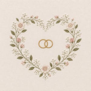 May include: An embroidery design on off-white fabric featuring a heart-shaped wreath of stitched flowers and leaves in shades of pink, white, and green. Two interlocking gold-colored rings are positioned in the center of the floral heart.