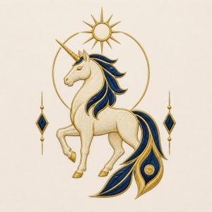 May include: An embroidered design featuring a cream-colored unicorn with a golden horn, dark blue mane, and a tail resembling peacock feathers. A golden sun and circular halo frame the unicorn, flanked by two vertical diamond-shaped accents.