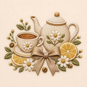 May include: An embroidery art piece featuring a beige teapot and teacup with daisy motifs, accompanied by yellow lemon slices, green leaves, small white flower buds, brown coffee beans, and a central beige fabric bow on a light beige background.