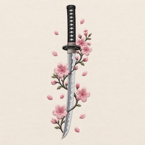 May include: An embroidery design featuring a vertical katana sword with a black hilt and a silver blade, intertwined with a flowering cherry blossom branch. The design includes several pink blossoms and scattered petals on a cream fabric background.