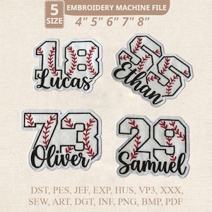 Puede incluir: Parches bordados con temática de béisbol con nombres y números. Los parches presentan los nombres "Lucas", "Ethan", "Oliver" y "Samuel" con los números 18, 25, 73 y 29. Los parches son blancos con contornos negros y costuras rojas.
