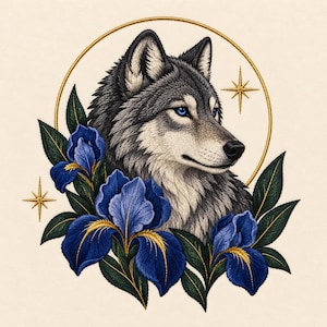 May include: An embroidered patch featuring a grey wolf with piercing blue eyes, surrounded by deep blue iris flowers with golden accents and dark green leaves. A thin gold circular frame encircles the wolf, accented by two four-pointed gold stars.