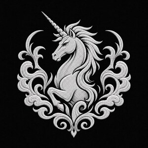 May include: A white embroidered unicorn design on a black background. The unicorn is depicted in profile, facing left, with a spiraled horn and flowing mane. It is framed by symmetrical, swirling, decorative scrollwork patterns in white thread.