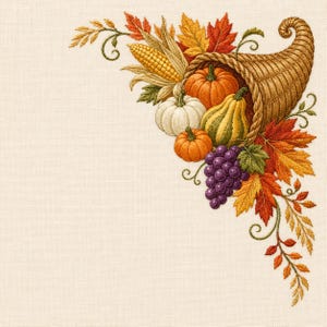 May include: An embroidered corner design on cream fabric featuring a woven cornucopia overflowing with autumn harvest items including a yellow ear of corn, orange and white pumpkins, a green striped gourd, purple grapes, and colorful fall leaves.