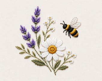 Op de afbeelding: Een borduurontwerp met een bosje paarse lavendeltakjes, een grote witte margriet met een geel hart en kleinere witte bloemetjes met groene blaadjes. Een hommel met zwart-gele strepen en doorschijnende vleugels is ernaast afgebeeld.