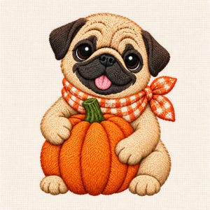 Könnte beinhalten: Ein gesticktes Motiv eines beigen Mops mit dunkelbraunen Ohren und Schnauze, der einen orange-weiß karierten Schal trägt. Der Mops hat große dunkle Augen, eine rosa Zunge und hält einen strukturierten orangefarbenen Kürbis mit grünem Stiel.