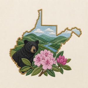 May include: An embroidery design shaped like the state of West Virginia, featuring a black bear, pink rhododendron flowers, green rolling mountains, a winding blue river, and white clouds against a light blue sky, all outlined in gold thread.