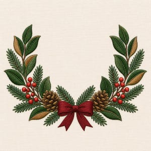 May include: An embroidery design featuring a symmetrical wreath of green leaves, brown pinecones, and clusters of red berries. The two sides of the wreath meet at the bottom center, where they are joined by a dark red fabric bow with ribbon tails.