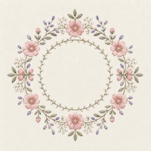May include: A circular embroidery pattern featuring pink flowers with white centers, green leaves, and small purple buds arranged in a wreath. The design includes a delicate inner ring of tiny white dots and stems, creating a symmetrical floral border.