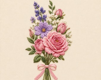 Pink Rose Floral Bouquet Embroidery Design, Lavender Spring Stitch File (Digital Download)