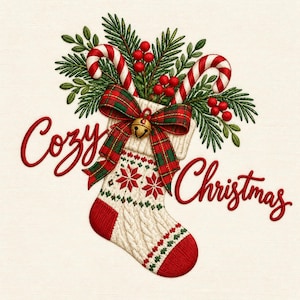 May include: A cream-colored knit Christmas stocking featuring a red and green plaid bow with a gold bell, filled with candy canes, pine branches, and red berries. The text Cozy Christmas is written in red script on either side of the stocking.