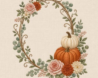 Autumn Pumpkin Rose Wreath Embroidery Design, Floral Frame Machine File (Digital Download)