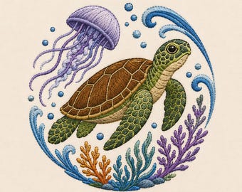 May include: An embroidery design featuring a green sea turtle swimming in a circle with a purple jellyfish, blue swirling water currents, and colorful coral in orange, teal, and purple, all accented by small blue bubbles on a cream background.