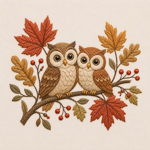 May include: An embroidery design featuring two brown owls perched on a branch, surrounded by autumn foliage including red and gold maple leaves, oak leaves, and small red berries, all rendered with detailed thread stitching on a light background.