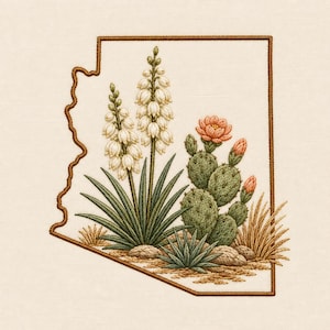 May include: An embroidery design featuring the outline of Arizona in brown thread. Inside the border are stitched yucca plants with white bell-shaped flowers, a green prickly pear cactus with peach-coloured blossoms, and small desert grasses.