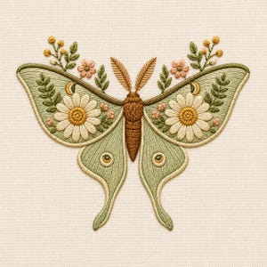 May include: An embroidery design featuring a central brown moth with light green wings. The wings are decorated with white daisy flowers, small pink blossoms, green leafy sprigs, yellow buds, and crescent moon shapes on a cream fabric background.