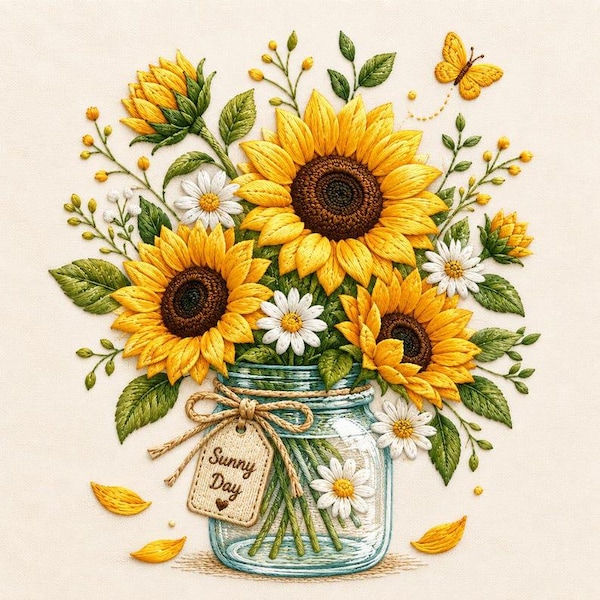 Sunflower Mason Jar Embroidery Design, Floral Cottagecore Machine File (Digital Download)