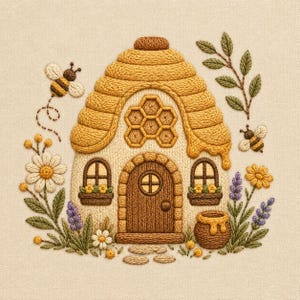 Pode incluir: Uma peça de bordado apresentando uma casa em forma de colmeia com uma porta castanha, duas janelas com floreiras e um padrão de favo de mel. Duas abelhas, ramos verdes, margaridas, lavanda e um pote de mel rodeiam a casa.