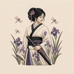May include: An embroidery design featuring a person with dark hair in an updo wearing a cream-colored kimono with a black obi sash. The person holds a black katana. The scene includes purple iris flowers and two dragonflies on a beige background.