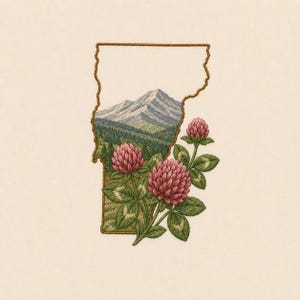 May include: An embroidered patch shaped like the state of Vermont featuring a detailed landscape of a mountain range with green forests and a cluster of pink clover flowers with green leaves in the foreground, all outlined in a brown thread border.