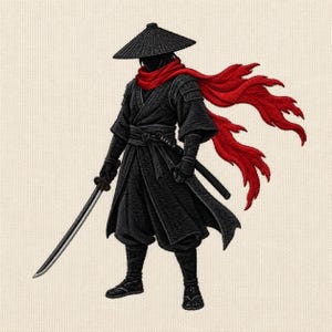May include: An embroidered patch featuring a warrior dressed in a black robe, trousers, and a conical hat. A long, flowing red scarf extends from the neck. The figure holds a katana sword in one hand, with a second sword sheathed at the waist.