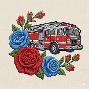Bloemen brandweerwagen borduurontwerp, rood blauw roospatroon, brandweerman cadeau (digitale download)