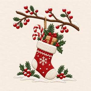 May include: An embroidered Christmas stocking in red and white with a snowflake pattern, hanging from a snow-covered branch with red berries. The stocking contains two candy canes, a small gift box with a red bow, and green pine needles.