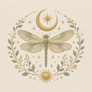 May include: An embroidery design featuring a central dragonfly in shades of green and gold, surrounded by a circular wreath of leaves and small flowers. Above is a golden crescent moon and star, with a golden sun at the bottom and small stars.