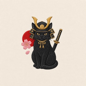 May include: An embroidered patch featuring a black cat wearing a gold samurai helmet with a crest. A katana sword is positioned behind the cat. A red circular sun and pink cherry blossom flowers are visible to the left of the cat's head.