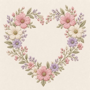 Puede incluir: Un diseño de bordado que presenta una corona en forma de corazón compuesta por varias flores y hojas. El arreglo incluye flores rosas, blancas y lavanda con follaje verde, todo bordado sobre una tela de color claro.
