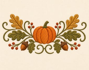 May include: An embroidery design featuring a central orange pumpkin flanked by green oak leaves, brown acorns, and small red berries. The composition includes symmetrical swirling vine accents that extend outward from the pumpkin centre.