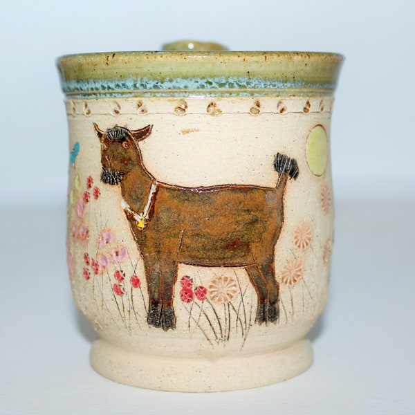 Handmade Stoneware Pottery Mug Cute Goat with Butterflies in a Meadow