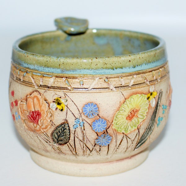 Handmade Pottery Mug Colorful Flowers with Bees