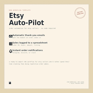 Könnte beinhalten: Eine n8n-Workflow-Vorlage mit dem Titel Etsy Auto-Pilot zur Bestellautomatisierung. Zu den Funktionen gehören automatische Dankes-E-Mails, in einer Tabelle protokollierte Verkäufe und sofortige Bestellbenachrichtigungen für Telegram, Discord oder Slack.