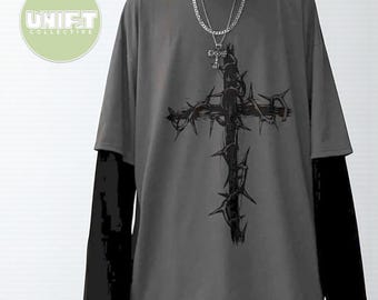 Oversized shirt met gotisch kruis | Y2K Streetwear T-shirt met print | Donkere esthetische outfit Harajuku | Stijl herenkleding