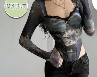 Gotische bodysuit |  korsetshirt met lange mouwen | Y2K grunge-outfit voor streetwear