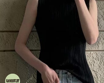 Geplooid hemdje | Mouwloze laag met hoge hals | Minimale streetwearstijl | Koreaanse trend