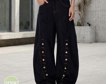 Retro baggy jeans | Denim broek met knoopdetail | Dagelijkse kleding | Y2K streetwear-stijl