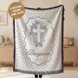Personalized Christening Gift, Newborn Keepsake, Custom Name Woven Baby Blanket, Godmother Gift Baptism, Boy Baptism Gift