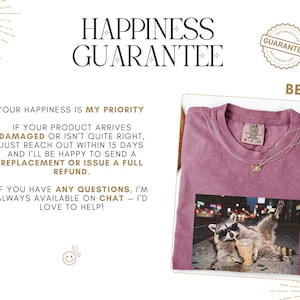 customer satisfaction card with funny raccoon aunt shirt preview, somebody’s feral aunt branding image for Etsy listing
