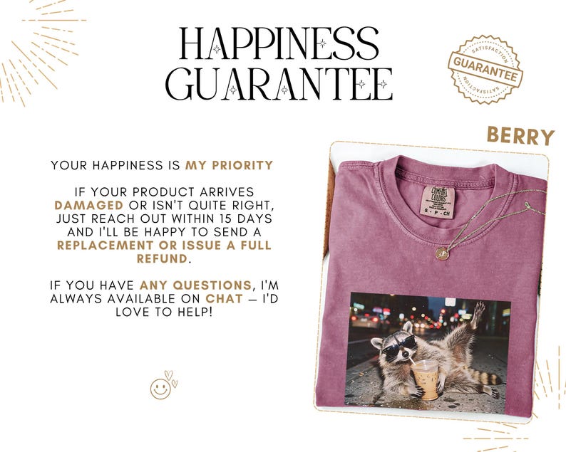 customer satisfaction card with funny raccoon aunt shirt preview, somebody’s feral aunt branding image for Etsy listing