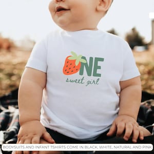 Toddler wearing berry sweet one first birthday shirt with strawberry design, cute comfort colors strawberry birthday party tee for family matching outfits