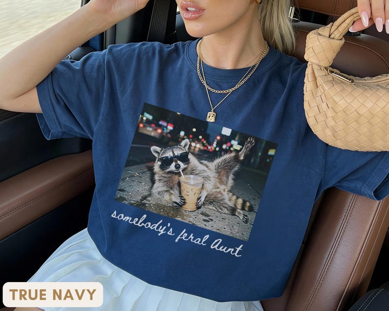 true navy funny aunt shirt with raccoon wearing sunglasses, cool auntie club meme tee, trendy and playful gift for aunt