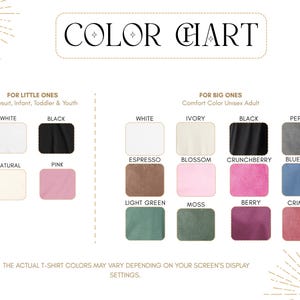 Pode incluir: Um gr&aacute;fico de cores para camisetas, com amostras de v&aacute;rias cores. O gr&aacute;fico &eacute; dividido em duas se&ccedil;&otilde;es: "Para os pequenos" e "Para os grandes". As cores incluem branco, preto, rosa e natural para beb&ecirc;s e crian&ccedil;as pequenas, e branco, marfim, preto, pimenta, espresso, blossom, crunchberry, blue jean, verde claro, musgo, berry e carmesim para adultos.