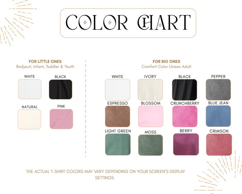 Pode incluir: Um gr&aacute;fico de cores para camisetas, com amostras de v&aacute;rias cores. O gr&aacute;fico &eacute; dividido em duas se&ccedil;&otilde;es: "Para os pequenos" e "Para os grandes". As cores incluem branco, preto, rosa e natural para beb&ecirc;s e crian&ccedil;as pequenas, e branco, marfim, preto, pimenta, espresso, blossom, crunchberry, blue jean, verde claro, musgo, berry e carmesim para adultos.