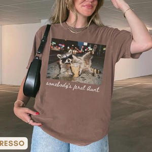 espresso cool aunt shirt with raccoon sunglasses design, funny auntie club graphic tee, trendy gift idea for aunt lovers