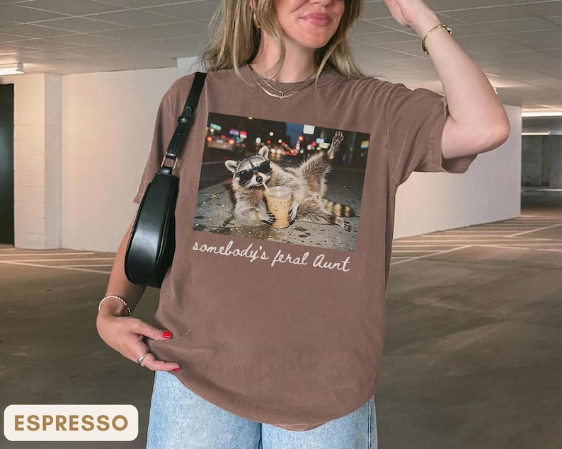 espresso cool aunt shirt with raccoon sunglasses design, funny auntie club graphic tee, trendy gift idea for aunt lovers