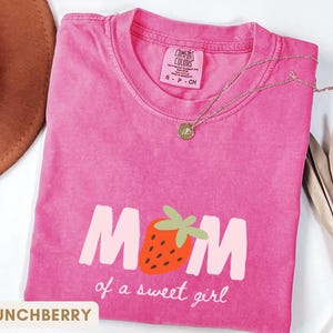 Crunchberry strawberry mama comfort colors shirt mockup for berry sweet one first birthday party, matching family strawberry themed tee
