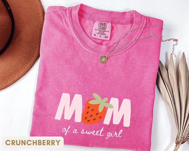 Crunchberry strawberry mama comfort colors shirt mockup for berry sweet one first birthday party, matching family strawberry themed tee