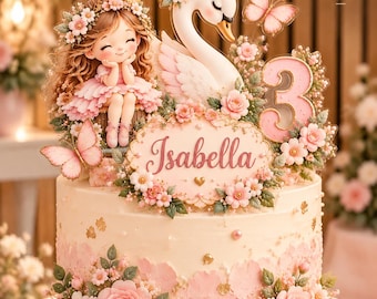May include: A two-tiered cake topper set featuring a girl figurine with a crown, a swan with a crown, a pink butterfly, and a number three. A central oval plaque displays the name Isabella in script. The design includes pink flowers and green leaves.